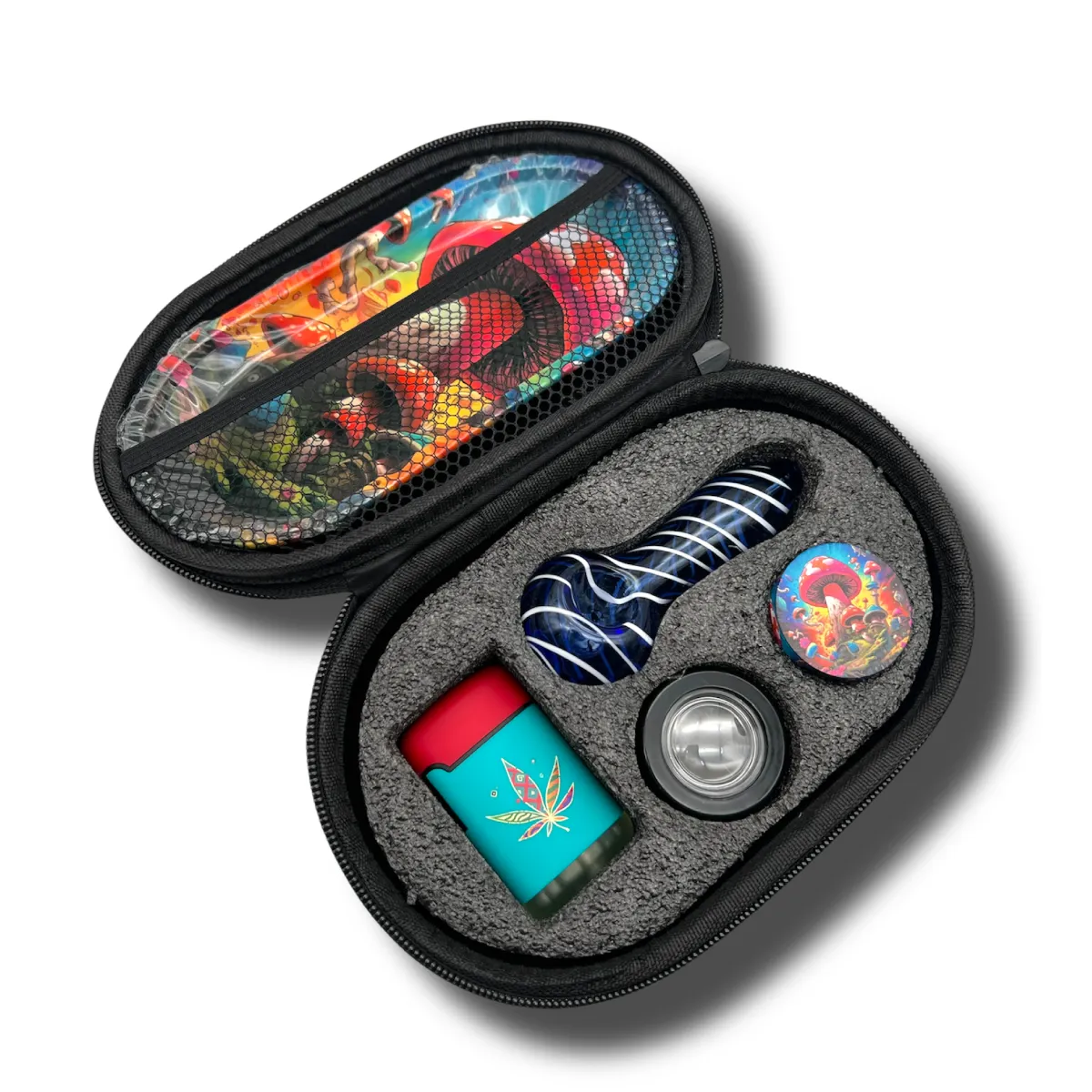 kit pipa accesorios + case Kit 420 con Pipa de Vidrio – Set Completo con Estuche Rígido Diseño Psicodélico - Imagen 1